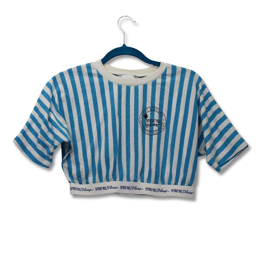 Vintage Beverly Hills Blues Striped Crop Top Womens Large Blue White Excellent